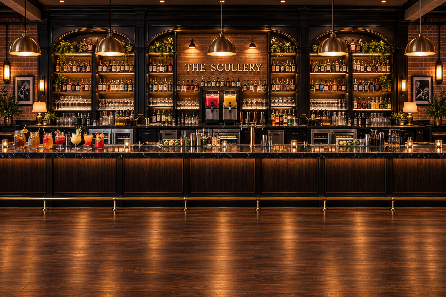 Upscale bar lounge interior with warm evening lighting